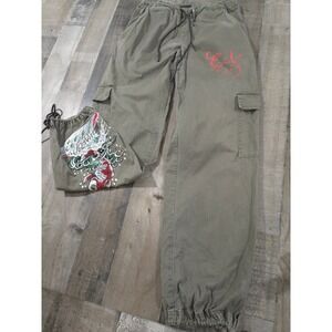 Y2K Ed Hardy x Urban Outfitters Olive Parachute Koi Fish Graphics Cargo Pants XS